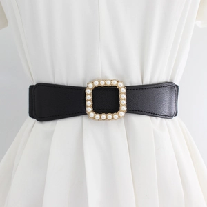 Ceinture élastique noire pour femme avec boucle carrée dorée ornée de perles pour les robes