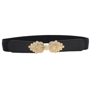 Vintage elastic waist belt for women with golden scroll metal buckle on black stretchy band
