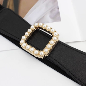 Ceinture élastique noire pour femme avec boucle carrée perlée dorée pour robe chic