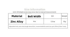Size chart for zinc alloy gold link chain belt showing 4cm width and 118cm total length