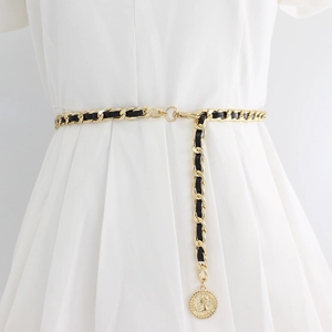Women Vintage Interwoven Metal Chain Waist Belt Round Coin Pendant Decorative Dress Belt Adjustable Hook Closure Waistband