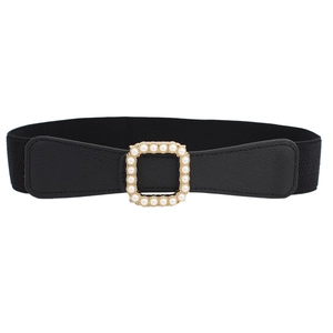 Ceinture élastique noire pour femme avec boucle carrée dorée ornée de perles