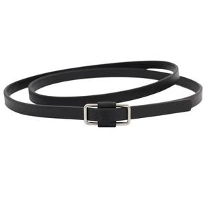 Minimalist black leather belt for women with sleek silver rectangular metal buckle