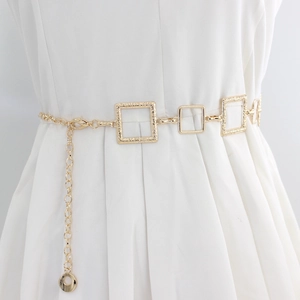 Women Square Geometric Metal Chain Belt For Dresses Adjustable Hook Metal Waist Chain Gold Silver Plated Fashion Waistband Accessories