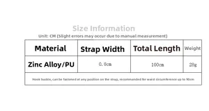 Size chart for slim PU and zinc alloy metal chain belt with hook design specifications