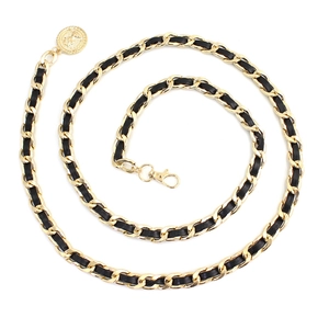Classic woven metal waist chain with black leather strap and golden coin pendant