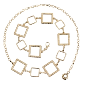 Golden square link chain belt for dresses featuring polished and textured finishes