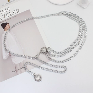 Silver multilayer metal waist chain for dresses with adjustable links and coin charms