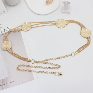 Elegant gold multi-layer chain waist belt with textured circular metallic accents for dresses