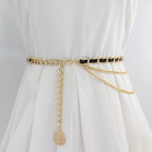 Elegant Women Gold Metal Chain Belt With Coin Pendant Multi Layer PU Leather Woven Waist Chain For Dress Sweater Accessories