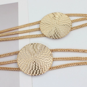 Women's gold multi-layer chain waist belt with dual textured circular metal plates