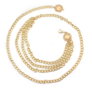 Vintage golden metal waist chain with embossed coin pendants and lobster clasp