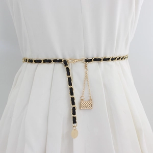 Elegant Women Decorative Metal Waist Chain Gold Alloy Woven Leather Chain Belt With Quilted Bag Pendant Adjustable Waist Link