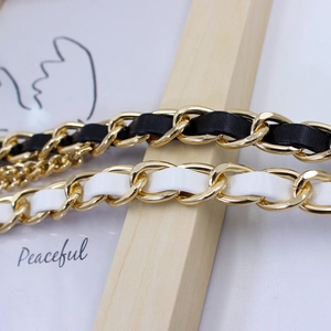 Classic gold metal chain belt with woven black and white PU leather for women's dresses
