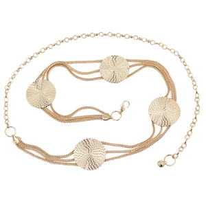 Elegant gold multi-layered metal chain waist belt with wavy round embossed decorative discs