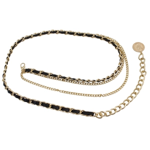 Golden multi-layer metal chain belt with black PU leather strap and coin pendant