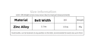 Size chart for hexagonal chain belt showing zinc alloy material and 110cm total length