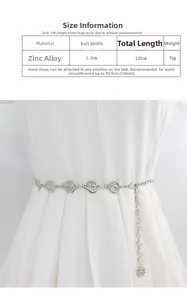 Close-up of silver leaf metal chain belt size chart and zinc alloy material detail