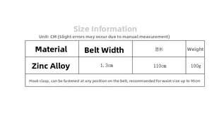 Size chart for black and white chain waist belt with zinc alloy and hook closure details