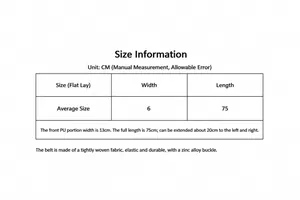 Guide des tailles pour ceinture élastique femme montrant 6cm de large et 75cm de long