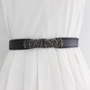 Vintage Rose Flower Buckle Elastic Waist Belt For Women Decorative PU Leather Thin Corset Belt For Dresses Sweaters