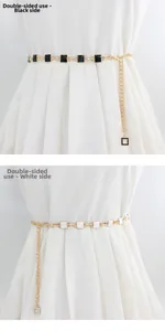 Detailed comparison of double-sided gold chain belt showing black and white enamel finishes