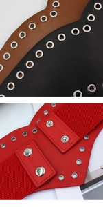 Détail d'une ceinture élastique avec œillets métalliques et fermeture à boutons-pression