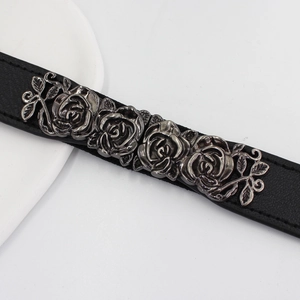 Vintage black elastic belt featuring four antique silver metal rose buckles for dresses