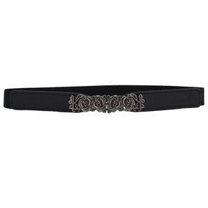 Vintage rose metal buckle elastic waist belt for women with black stretch fabric detail