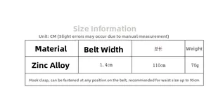 Size guide for women's 110cm zinc alloy waist chain with 1.4cm width and hook buckle