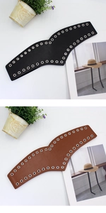 Détail de ceintures élastiques larges en noir et marron avec œillets métalliques