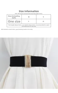 Detailed size chart for black elastic waist belt with gold zinc alloy buckle and measurements