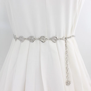 Women Hollow Out Leaf Metal Waist Chain Belt Zinc Alloy Adjustable Silver Body Chain With Flower Pendant Fashion Accessories