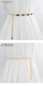Detail showing the double-sided gold chain belt with black and white diamond-shaped accents