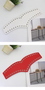 Détail de ceintures larges élastiques en blanc et rouge avec des œillets métalliques