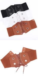 Vue détaillée ceinture corset large élastique pour femme avec lacets en noir, blanc et marron