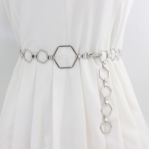 Adjustable silver hexagon metal waist chain belt for women's stylish dress decoration