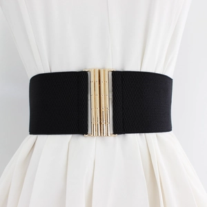 Women's black elastic waist belt with gold vertical texture buckle for coat and dress