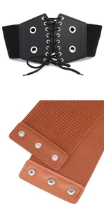 Détail d'une large ceinture corset élastique avec laçage et fermeture à trois boutons
