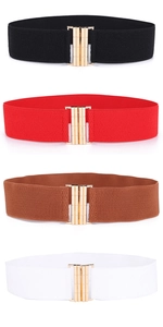 Detail of four elastic waist belts with gold bamboo textured metal buckles in various colors