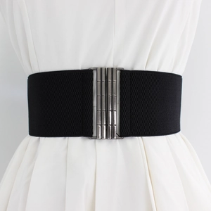 Women's black elastic wide waist belt with plaid metal buckle for coats and dresses