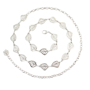 Silver metal waist chain for women with hollow leaf pendants for dresses and sweaters