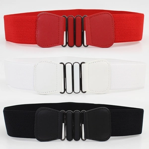 Women Elastic Wide Corset Belt PU Leather Alloy Oval Interlocking Buckle Stretch Waist Cinch Belt For Dress Coat