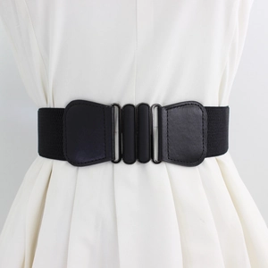 Women's 5cm wide elastic waist belt featuring a black double oval buckle for dresses