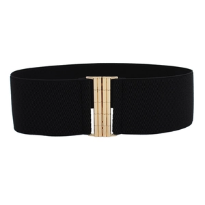 Women's wide elastic waist belt with gold vertical metal buckle for dresses and coats