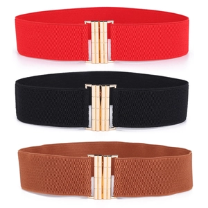 Elastic wide waist belt set with gold metal buckle in black, red, and camel colors