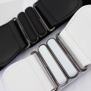 Elastic wide belt with double oval buckle in black and white leather for women dresses
