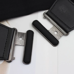 Women black wide elastic waist belt with double oval buckle for dresses and coats