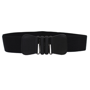 Women's black elastic wide waist belt with oval buckles and stretchy fabric design