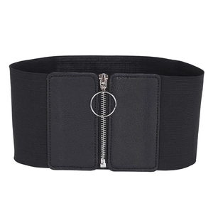 Cintura larga elastica da donna con inserti in ecopelle e chiusura con zip ad anello argento